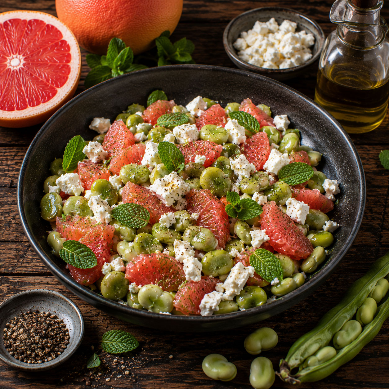 Bol de fèves, pamplemousse rose, feta et menthe