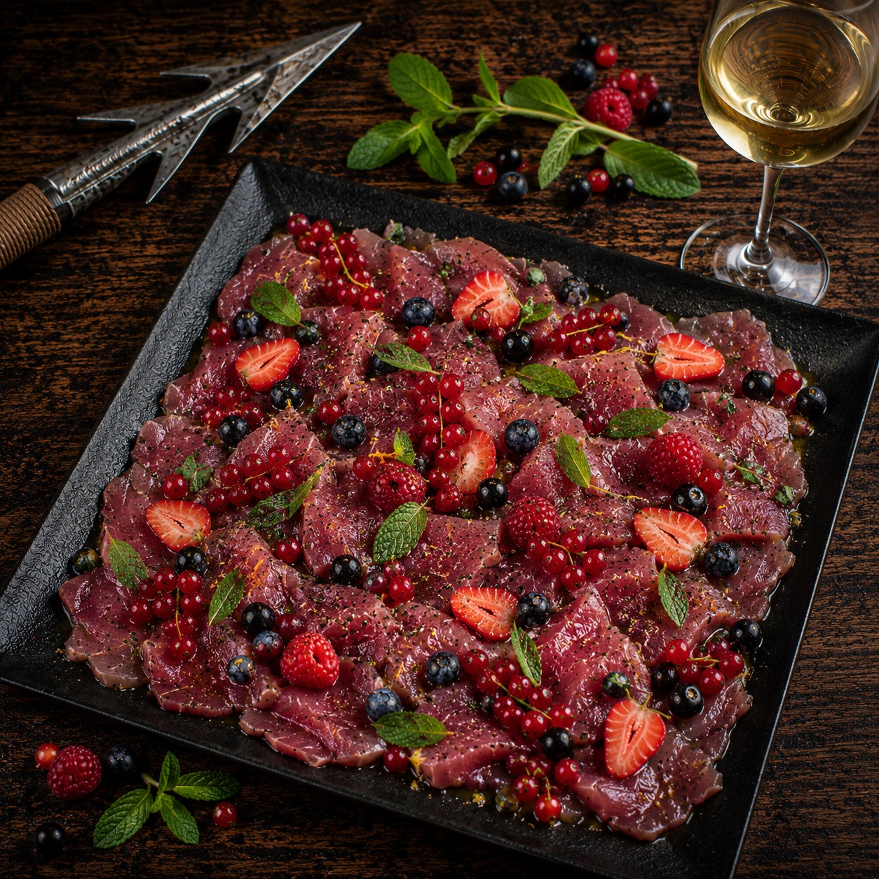 Carpaccio de bonite aux fruits rouges