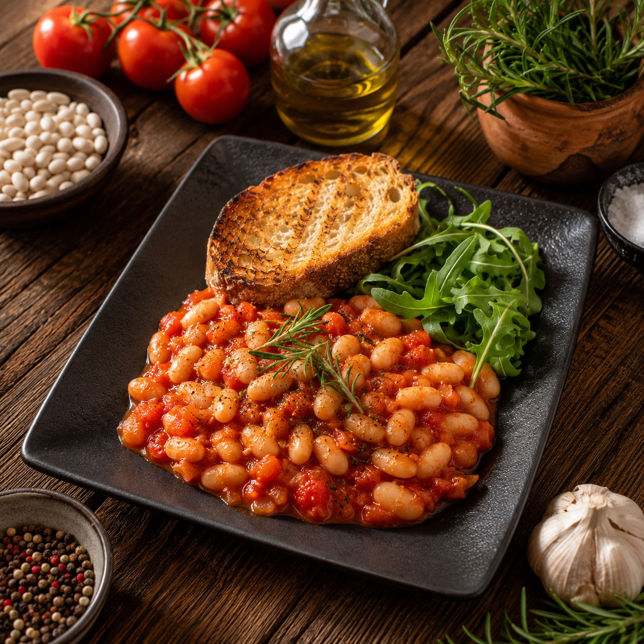 Haricots blancs à la tomate et au romarin