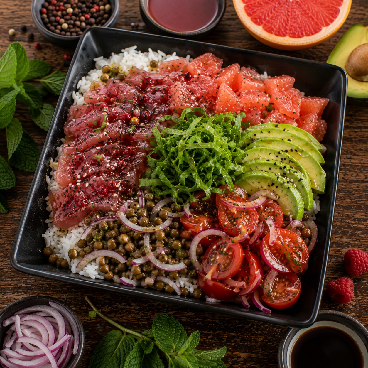 Poké de thon aux agrumes et aux fruits rouges