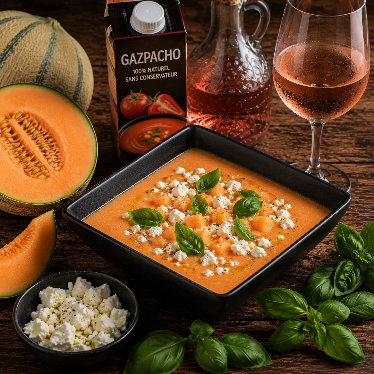 Soupe glacée de melon, feta, gaspacho et basilic