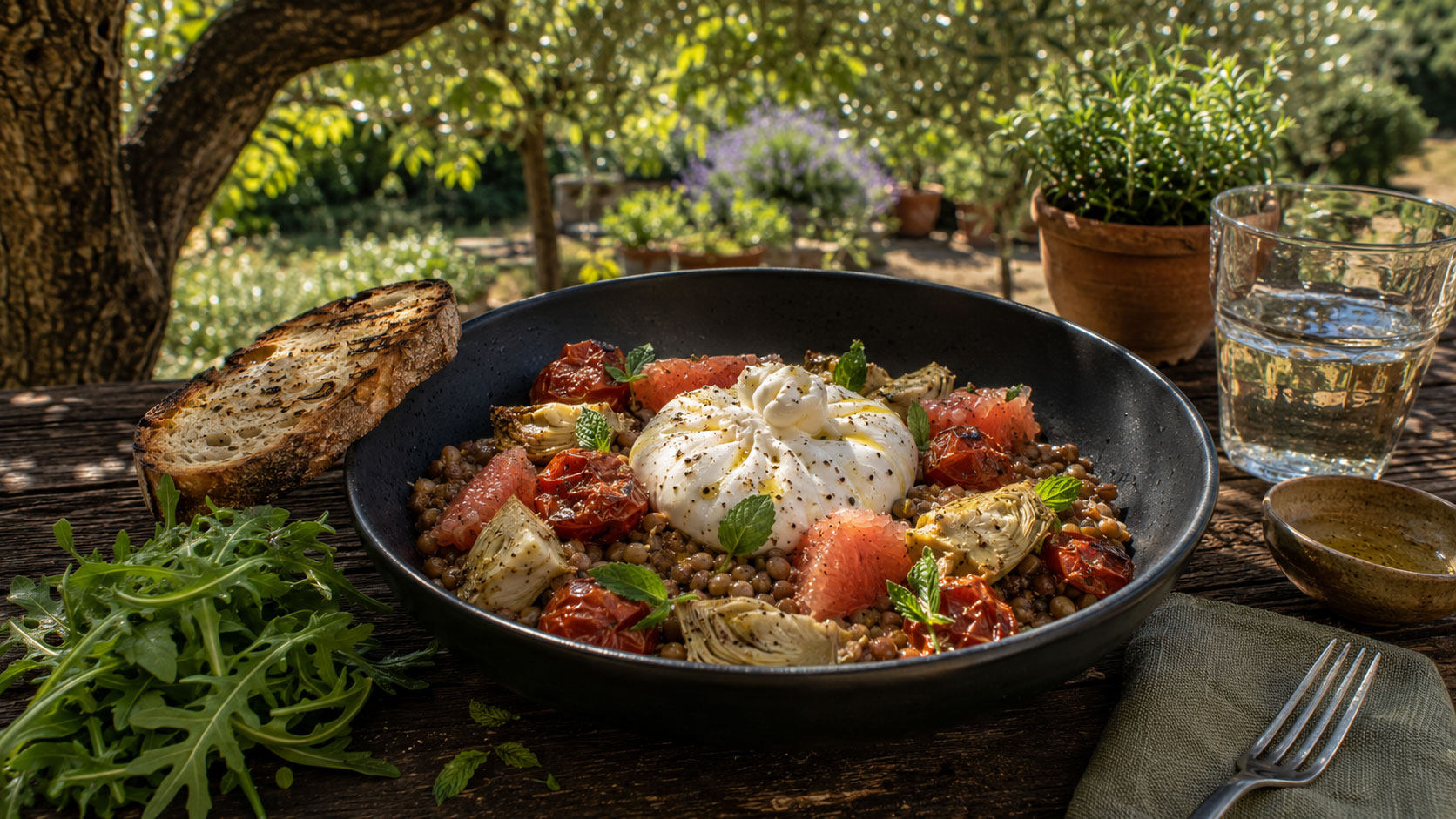 Bol de lentilles, tomates rôties, artichauts marinés, pamplemousse et burrata