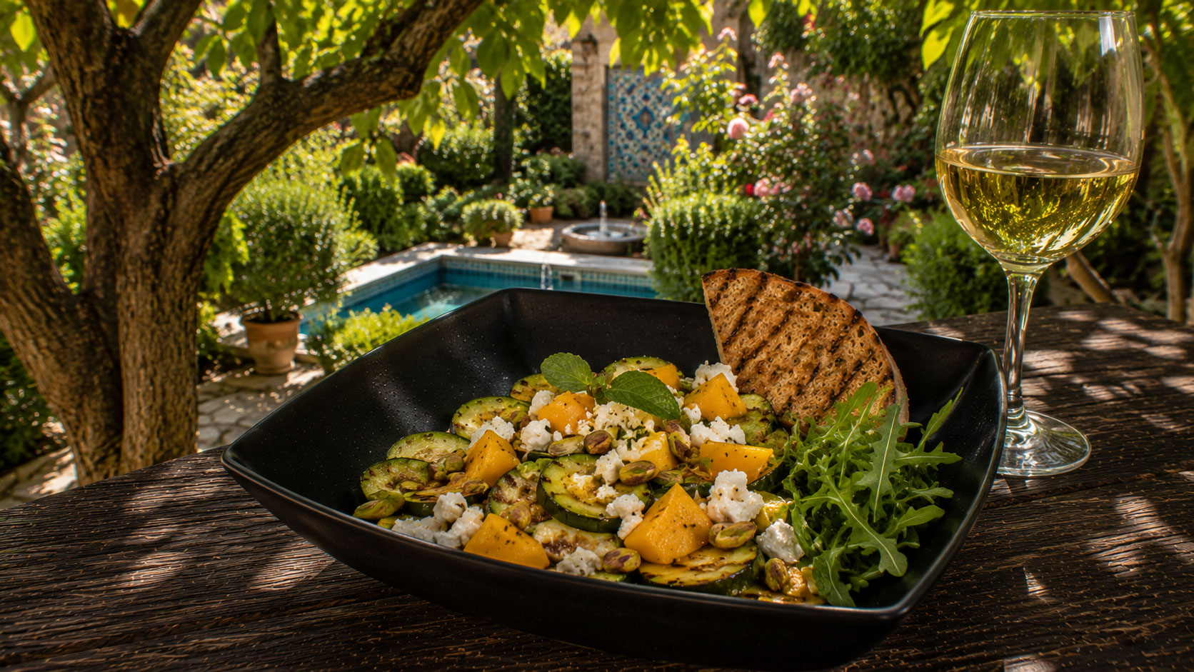 Courgettes grillées à la mangue, feta et pistaches
