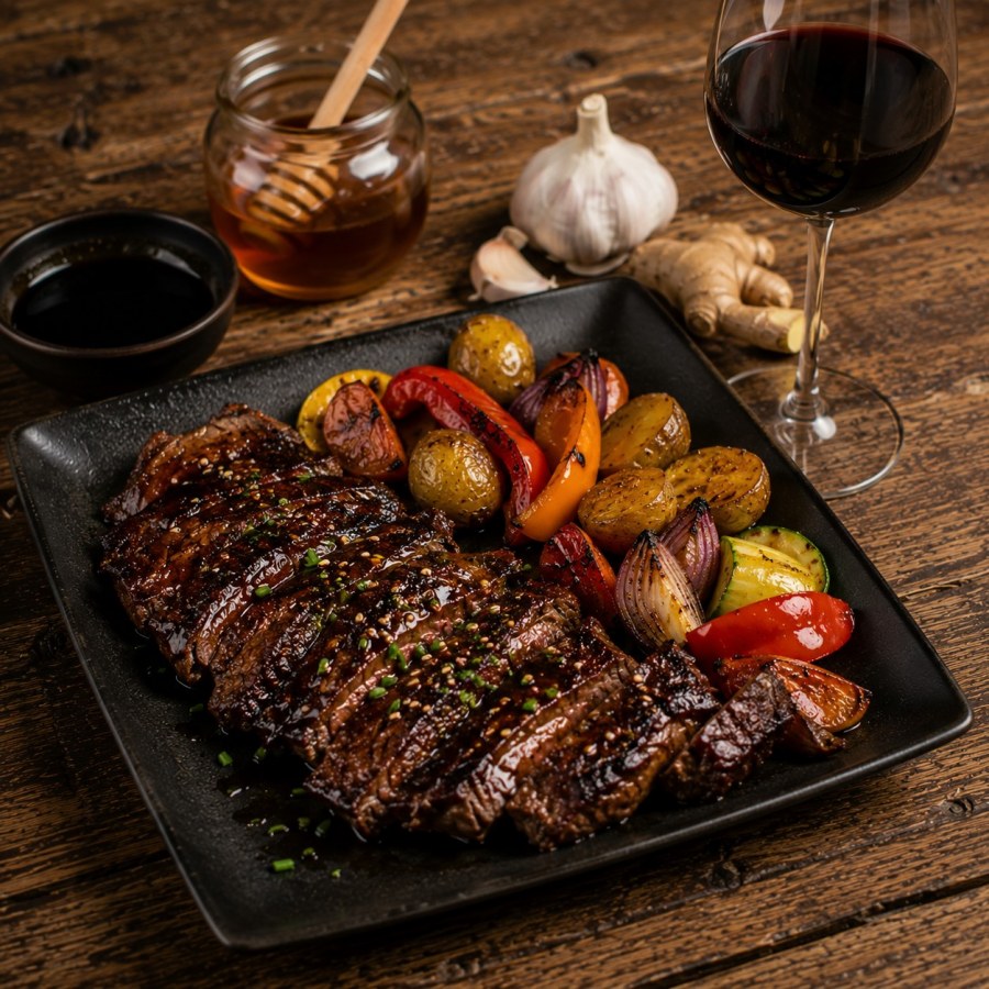 Bavette laquée au miel et au soja