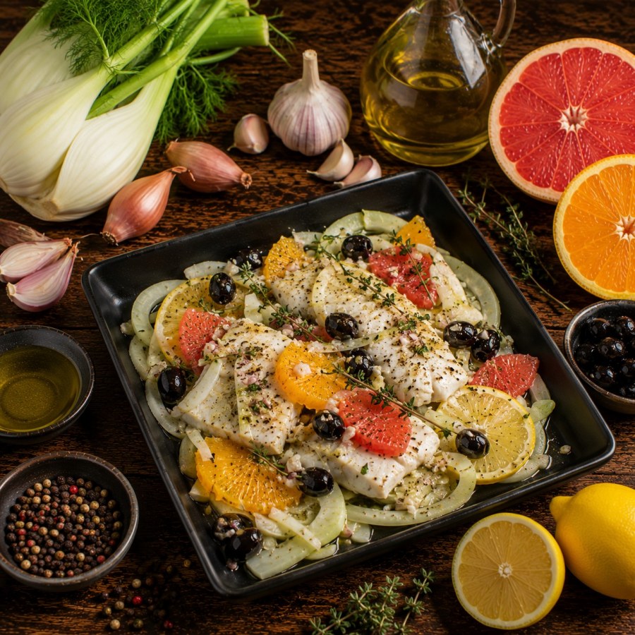 Poisson aux agrumes, fenouil et olives